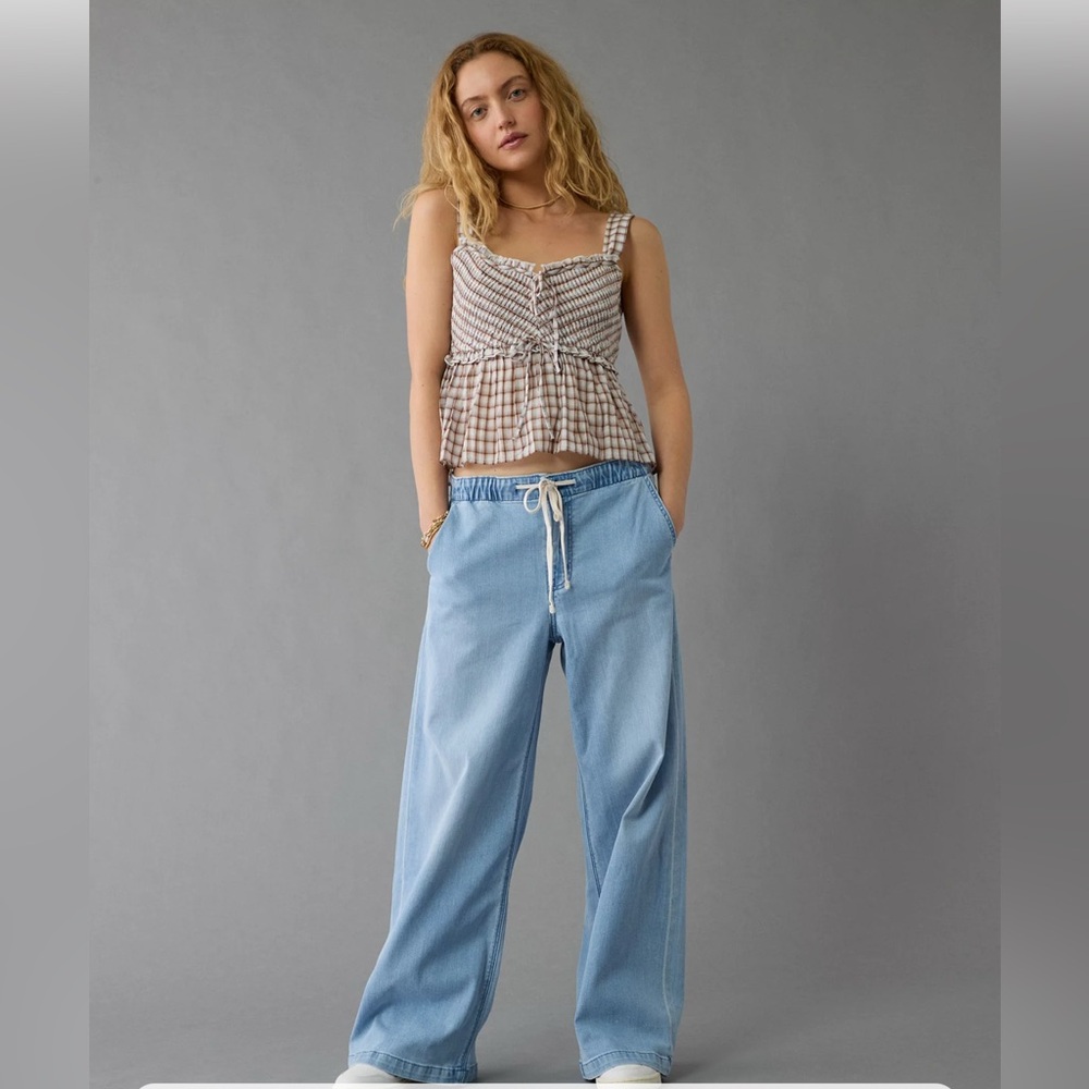 American Eagle Light Blue Wide Leg Drawstring Pants – Size S Oversized Fit